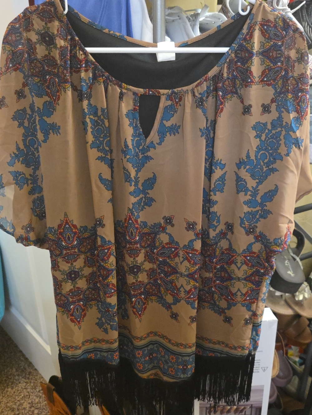 Boho Fringe Hem Tan and Blue Printed Women's Top